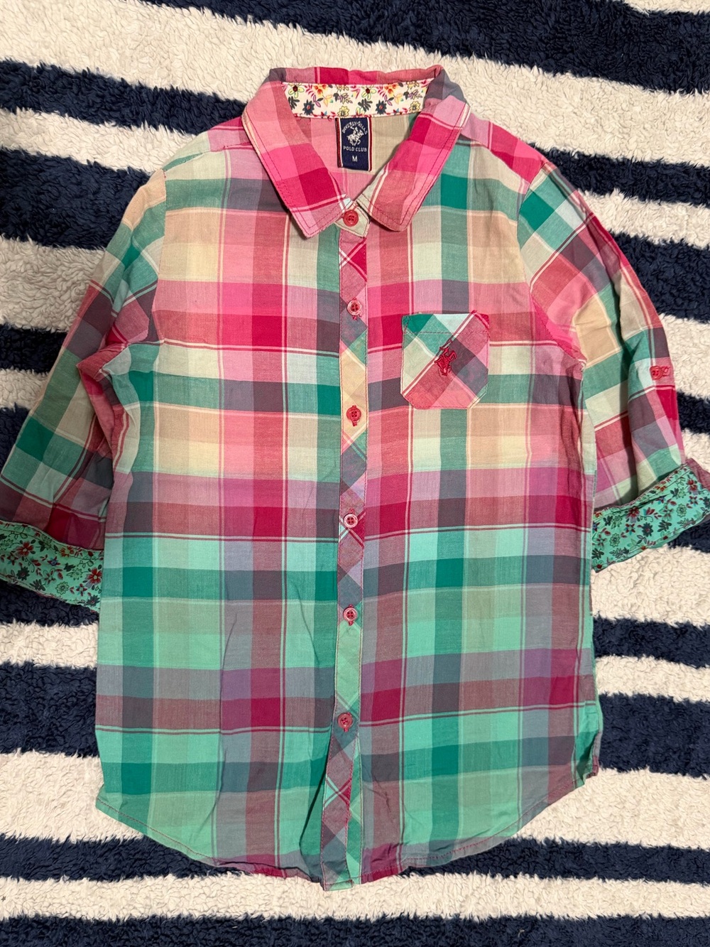 Beverly Hills Polo Club Girls Plaid Button-Down Shirt in Pink & Teal